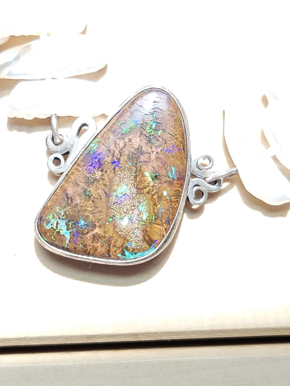 Freshwater Pearl Necklace with Opal Pendant - White With Boulder Opal - Picture 2 of 5